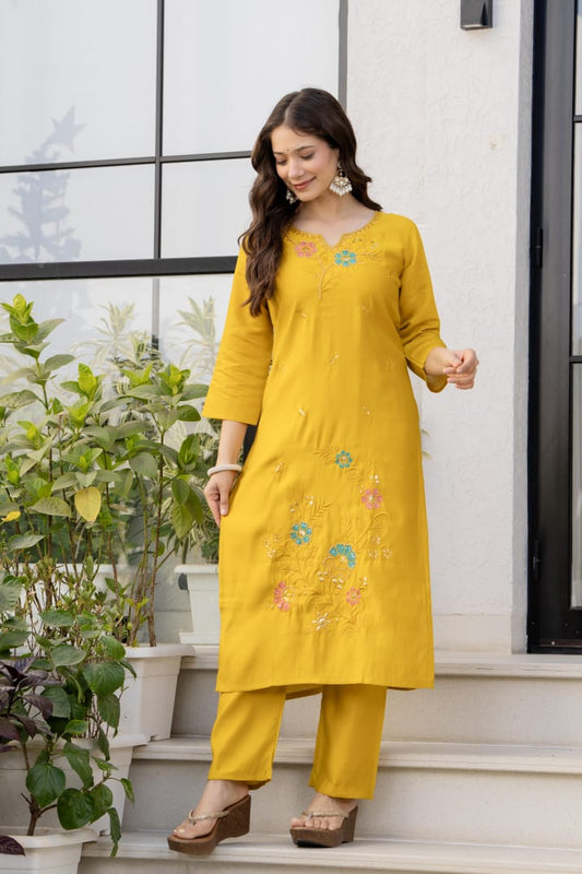 Mustard Embroidered Cotton Kurta Pant Dupatta Set