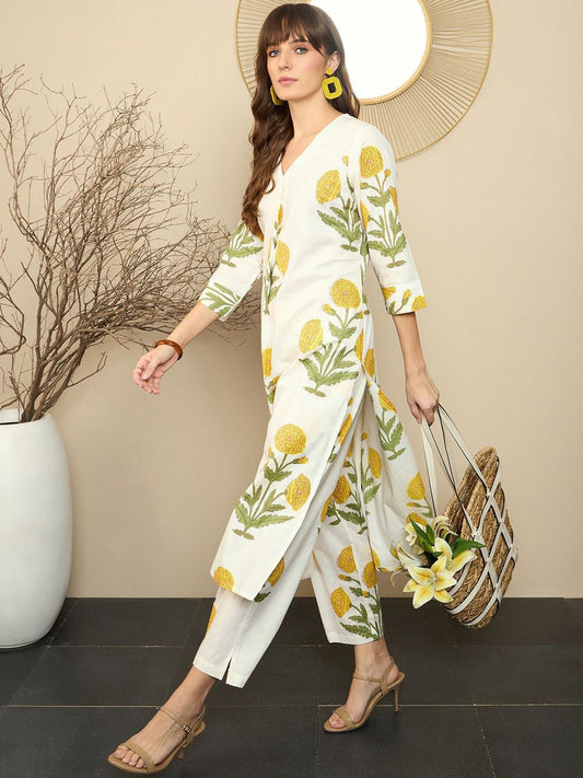 White Yellow Floral Printed Cotton Kurta Pant Set