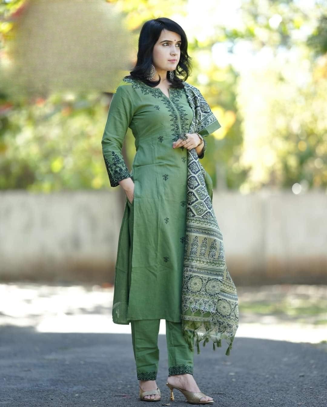 Olive Green Embroidered Cotton Kurta Pant Dupatta Set
