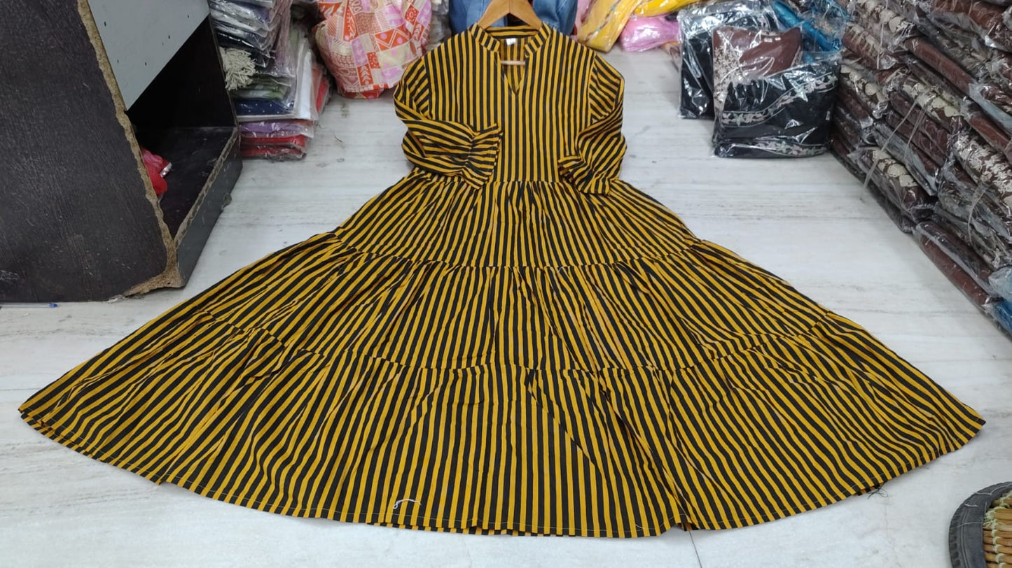 Black Mustard Striped Tiered Cotton Midi Dress