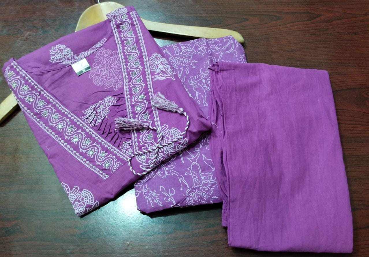 Mauve Handwork Cotton Kurta Pant Dupatta Set