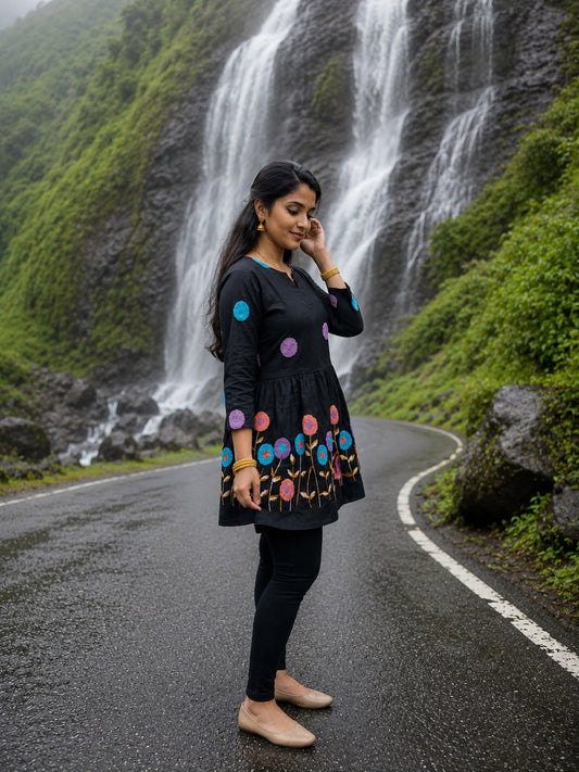 Black Embroidered Cotton Peplum Kurta