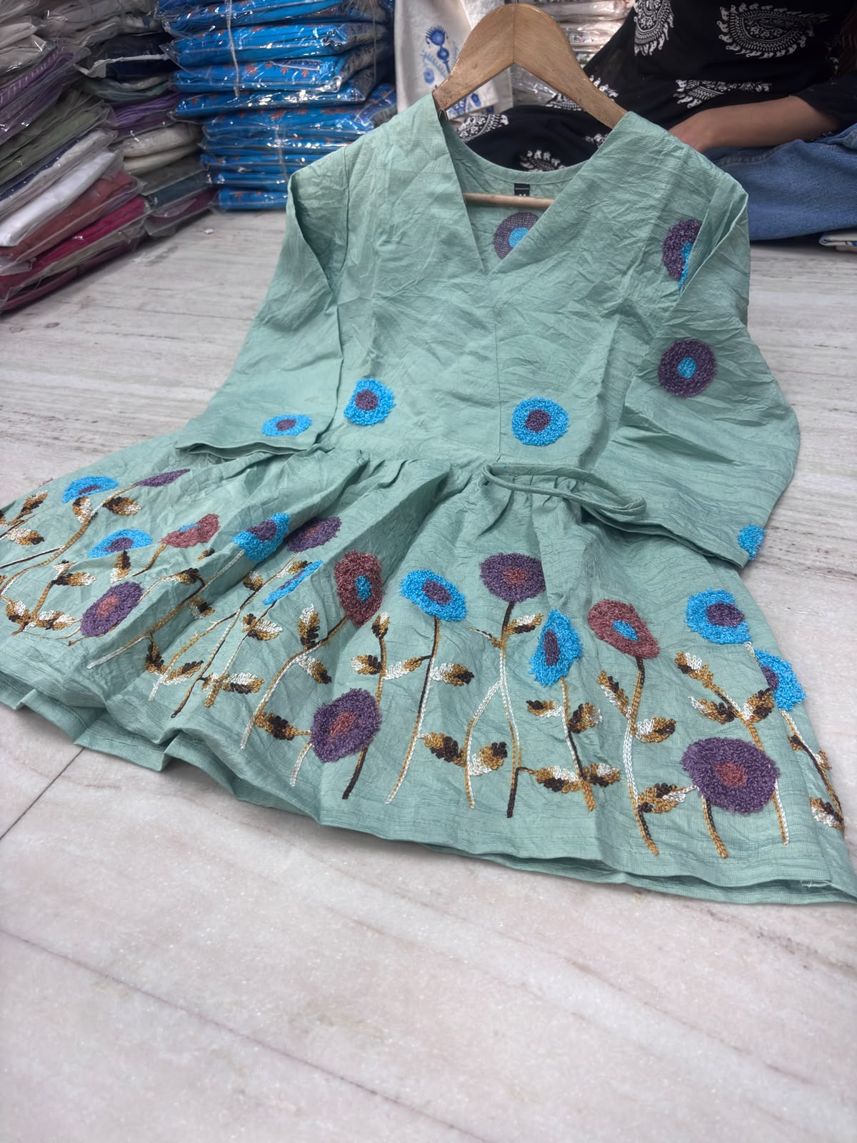 Mint Green Embroidered Cotton Wrap Peplum Kurta