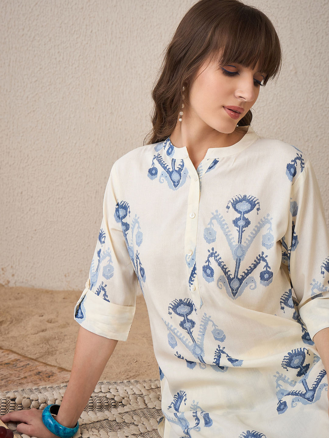 Ivory Blue Printed Cotton Kurta Palazzo Set