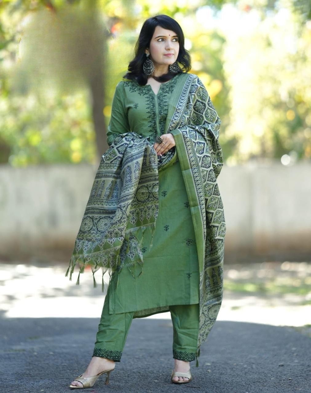 Olive Green Embroidered Cotton Kurta Pant Dupatta Set