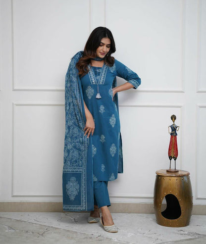 Teal Blue Handwork Cotton Kurta Pant Dupatta Set
