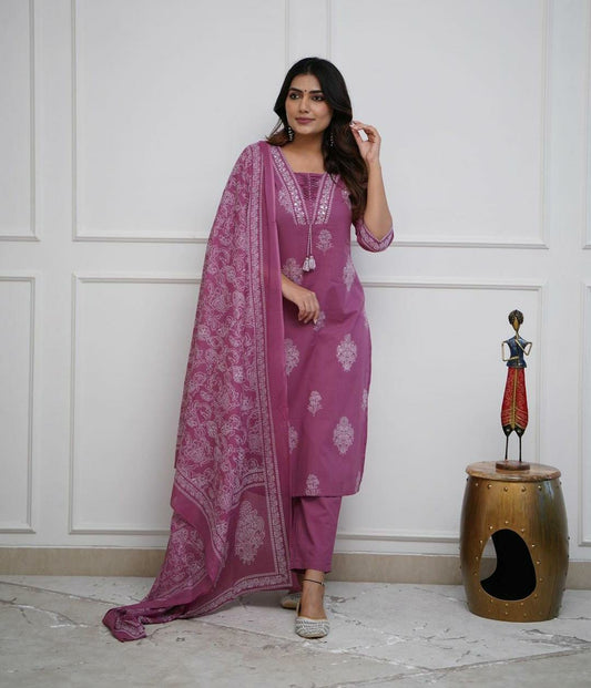 Mauve Handwork Cotton Kurta Pant Dupatta Set