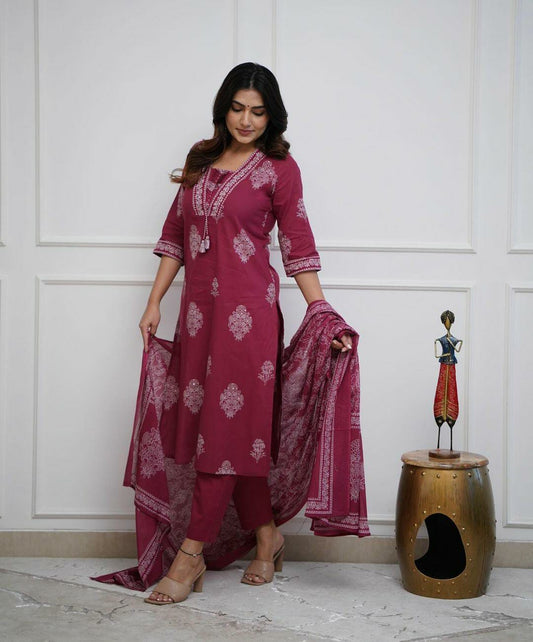 Maroon Handwork Cotton Kurta Pant Dupatta Set