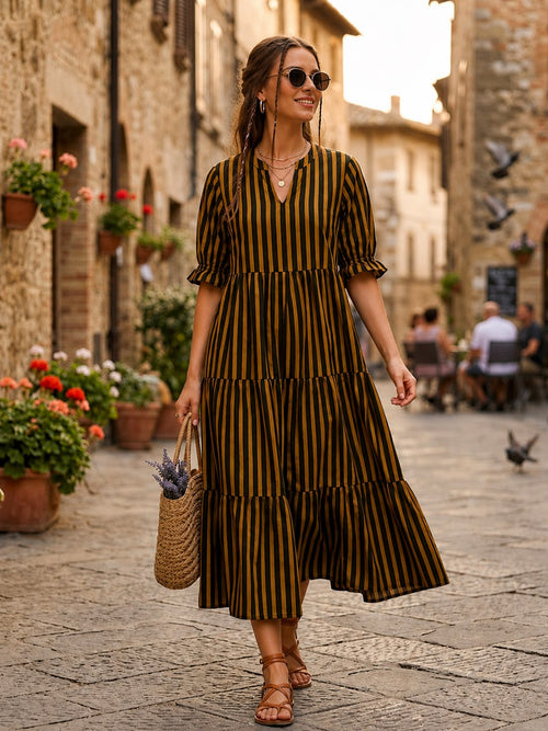 Black Mustard Striped Tiered Cotton Midi Dress