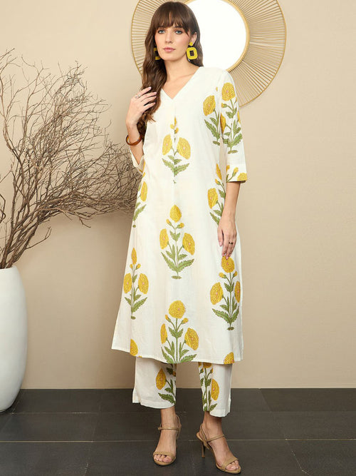 White Yellow Floral Printed Cotton Kurta Pant Set