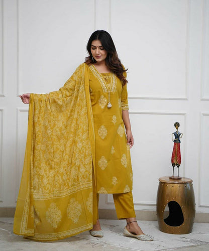 Mustard Handwork Cotton Kurta Pant Dupatta Set