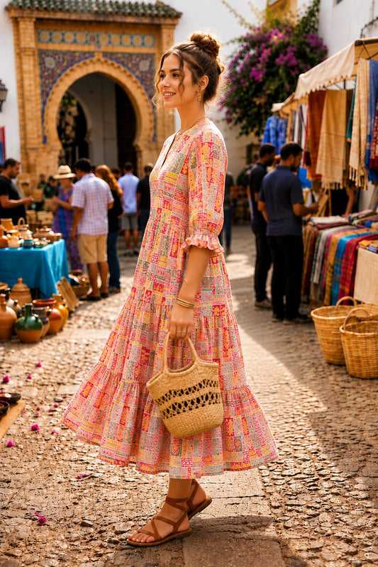 Peach Printed Cotton Tiered Midi Dress for Women