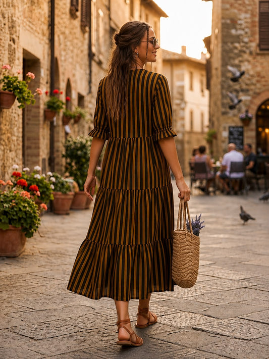 Black Mustard Striped Tiered Cotton Midi Dress