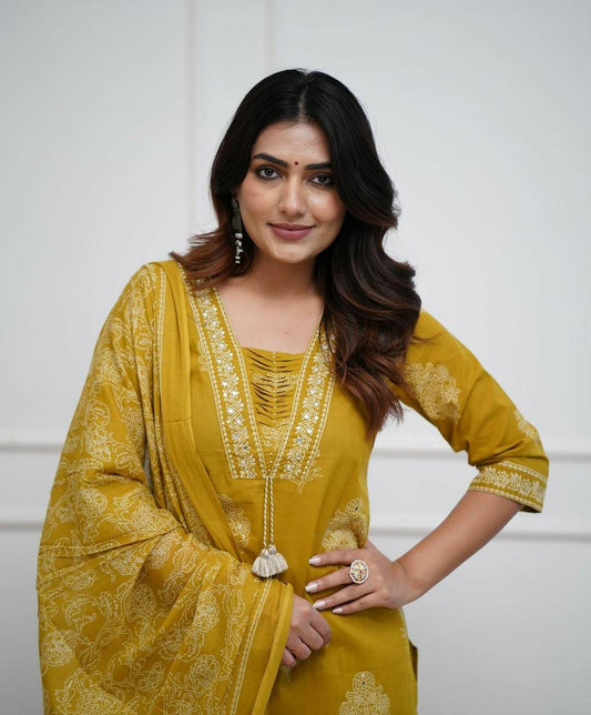 Mustard Handwork Cotton Kurta Pant Dupatta Set