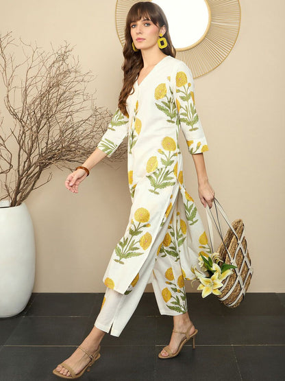 White Yellow Floral Printed Cotton Kurta Pant Set
