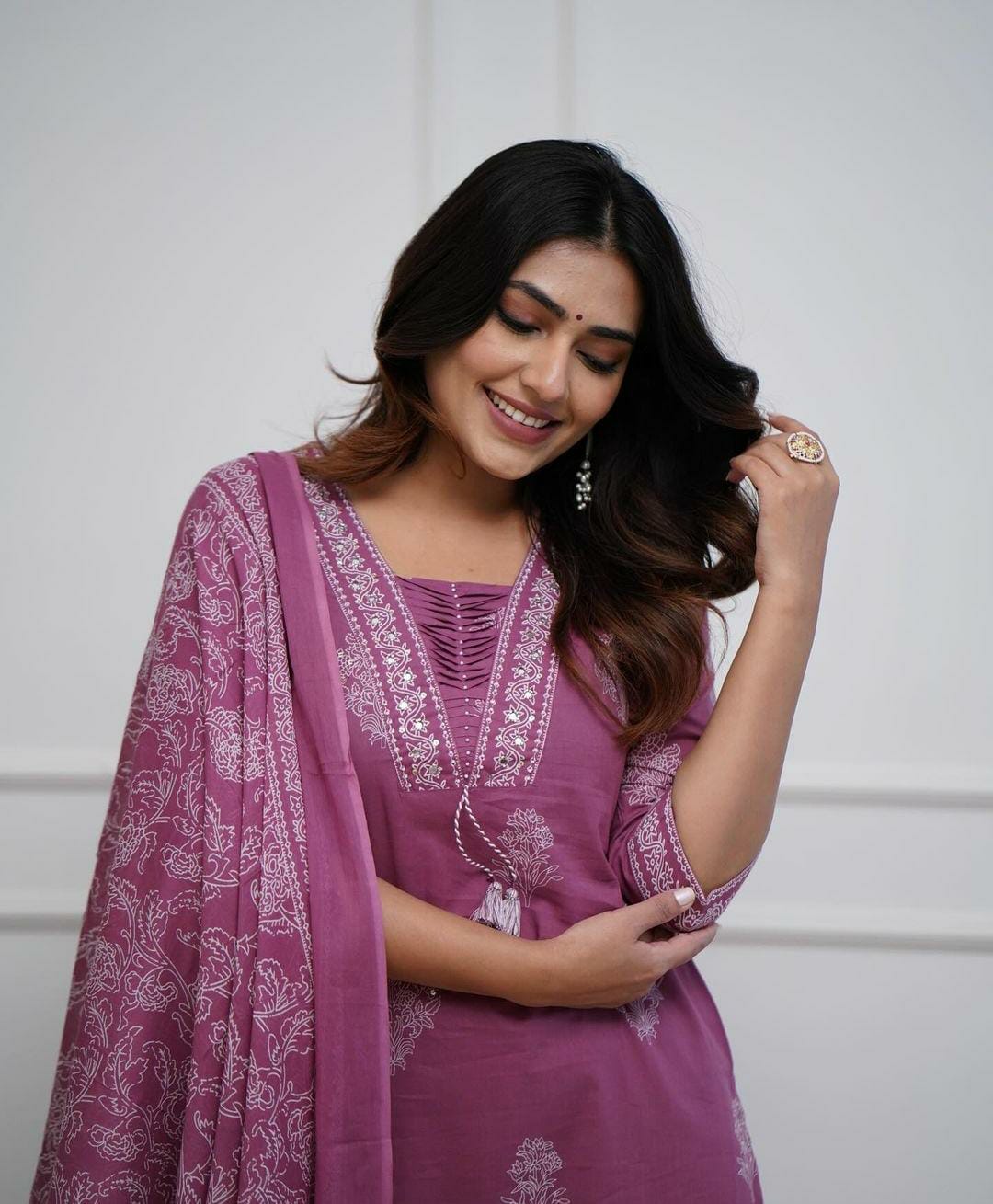 Mauve Handwork Cotton Kurta Pant Dupatta Set