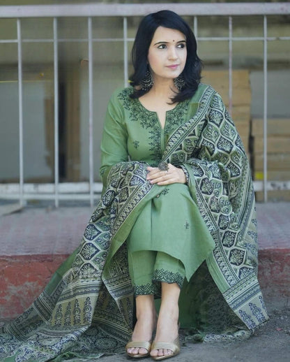 Olive Green Embroidered Cotton Kurta Pant Dupatta Set