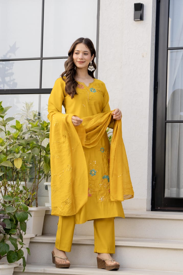 Mustard Embroidered Cotton Kurta Pant Dupatta Set