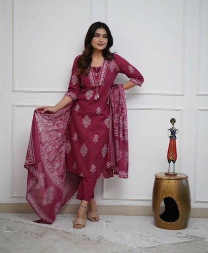 Maroon Handwork Cotton Kurta Pant Dupatta Set