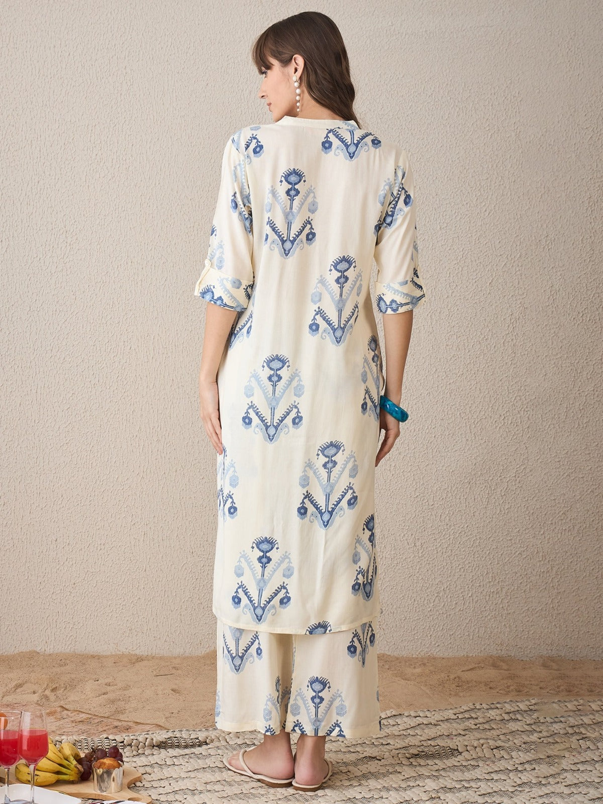 Ivory Blue Printed Cotton Kurta Palazzo Set