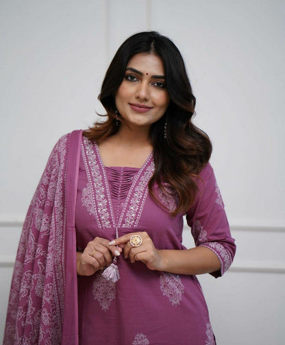 Mauve Handwork Cotton Kurta Pant Dupatta Set