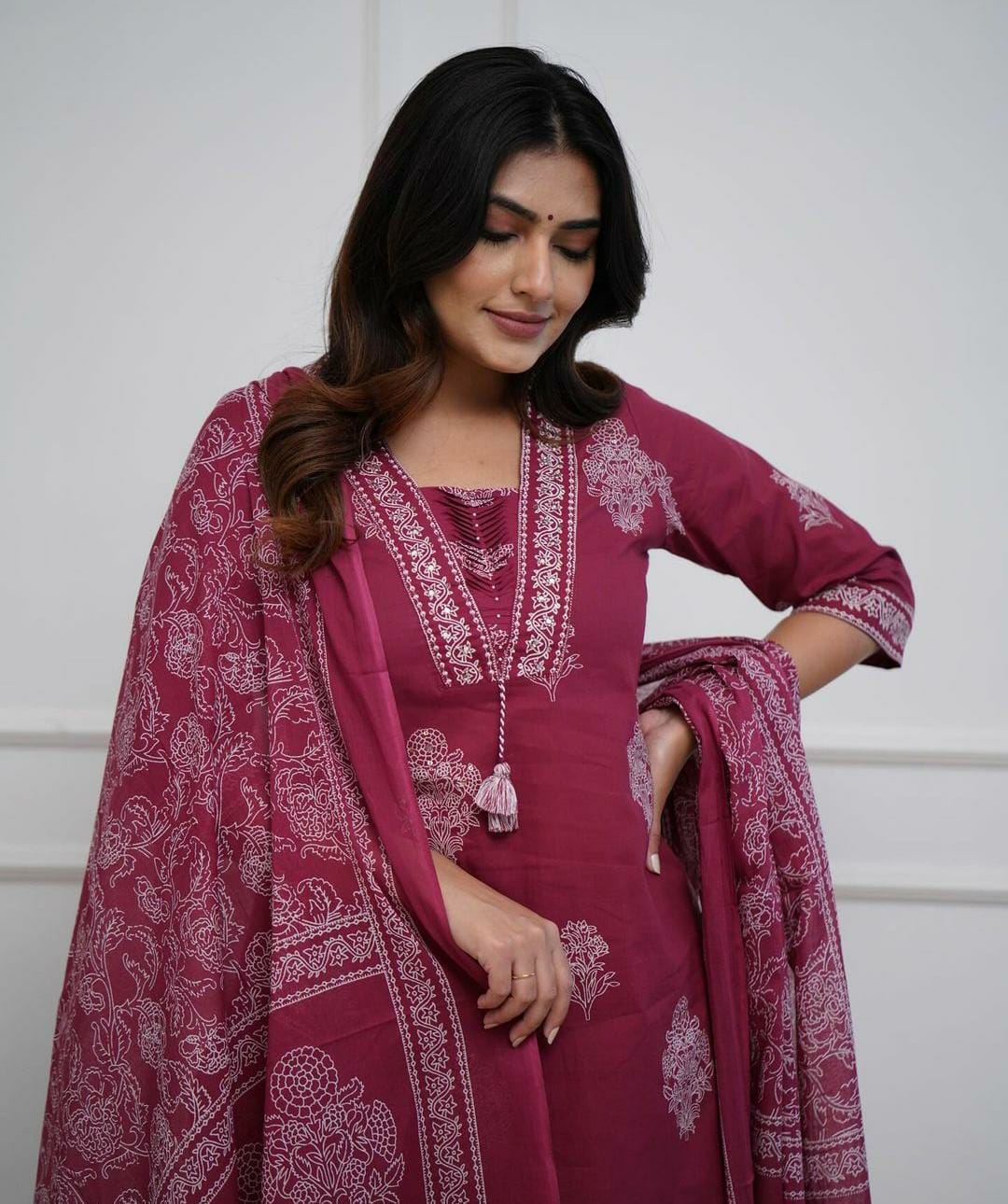 Maroon Handwork Cotton Kurta Pant Dupatta Set