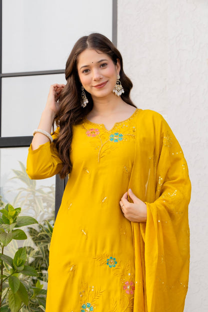 Mustard Embroidered Cotton Kurta Pant Dupatta Set