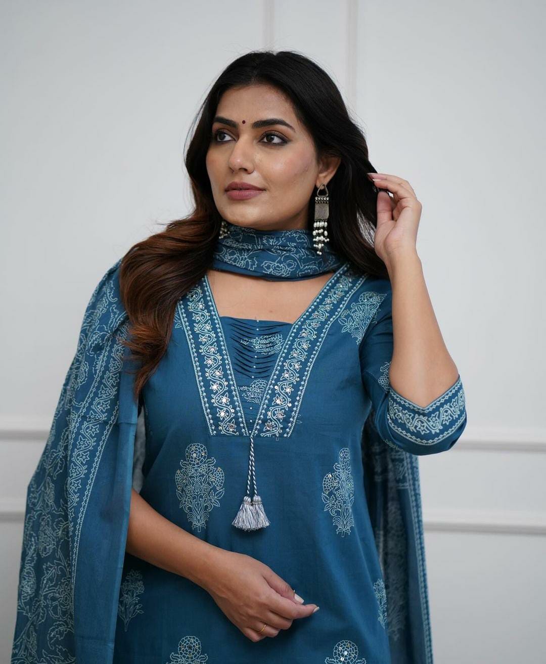 Teal Blue Handwork Cotton Kurta Pant Dupatta Set