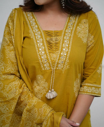 Mustard Handwork Cotton Kurta Pant Dupatta Set