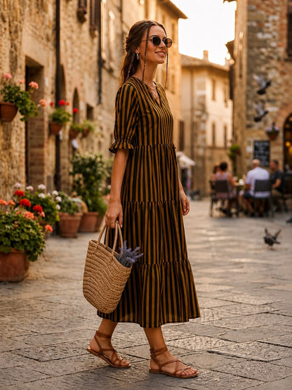 Black Mustard Striped Tiered Cotton Midi Dress