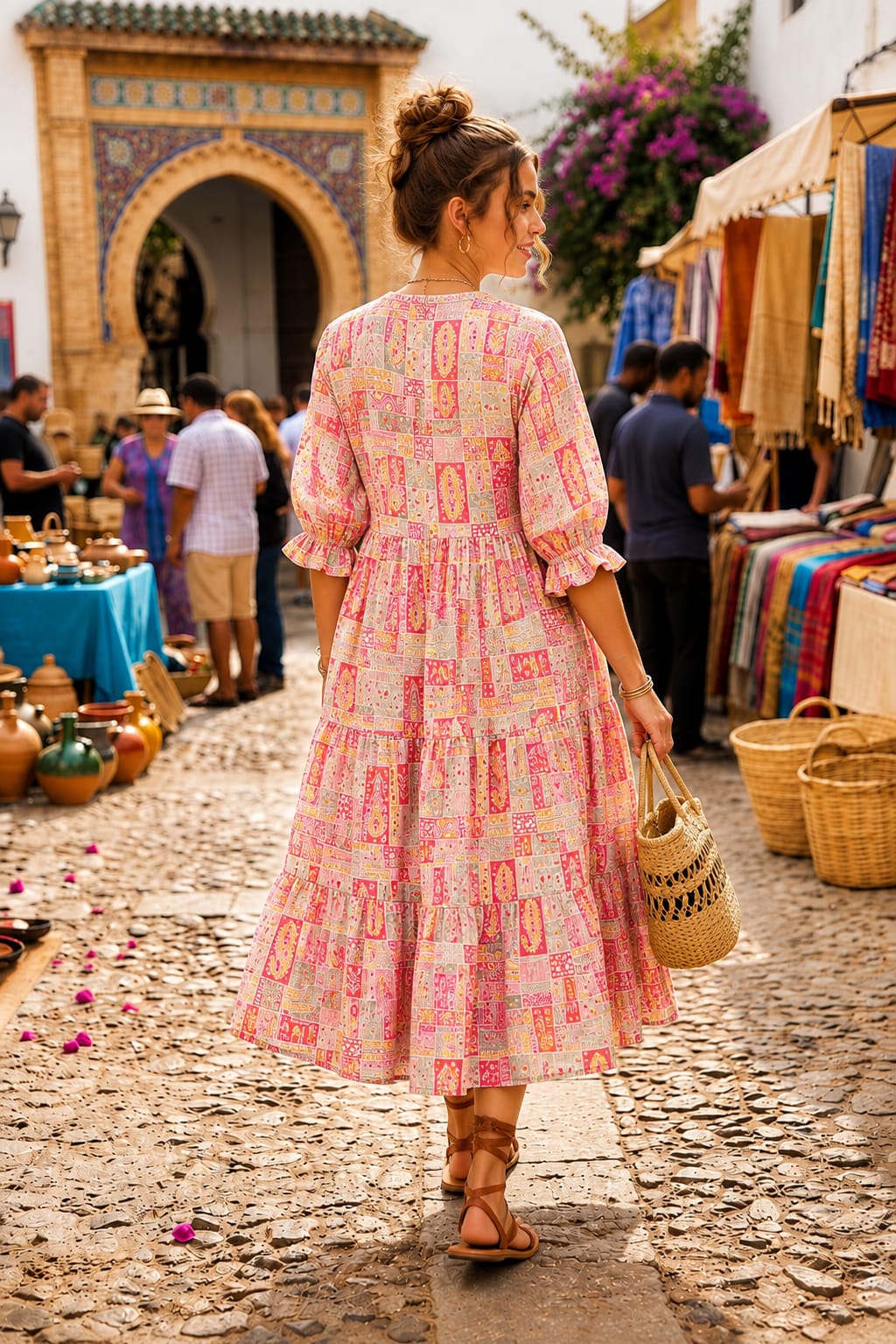 Peach Printed Cotton Tiered Midi Dress for Women