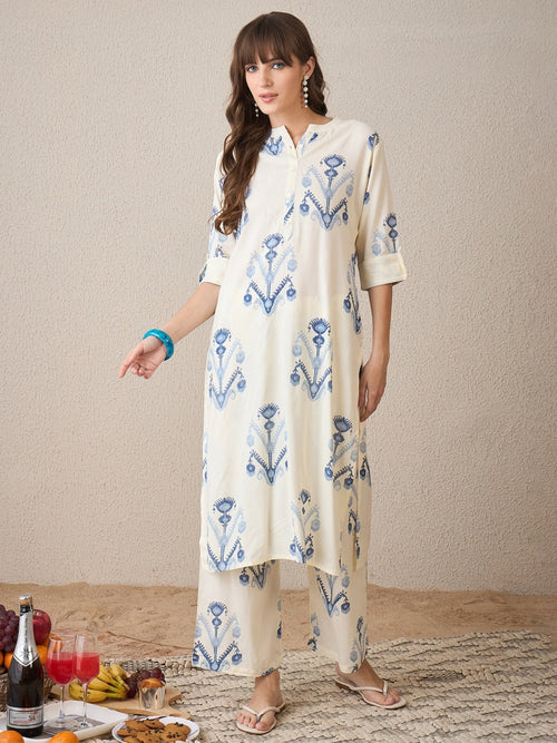 Ivory Blue Printed Cotton Kurta Palazzo Set