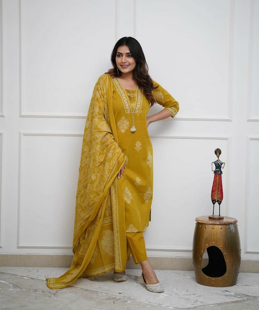 Mustard Handwork Cotton Kurta Pant Dupatta Set