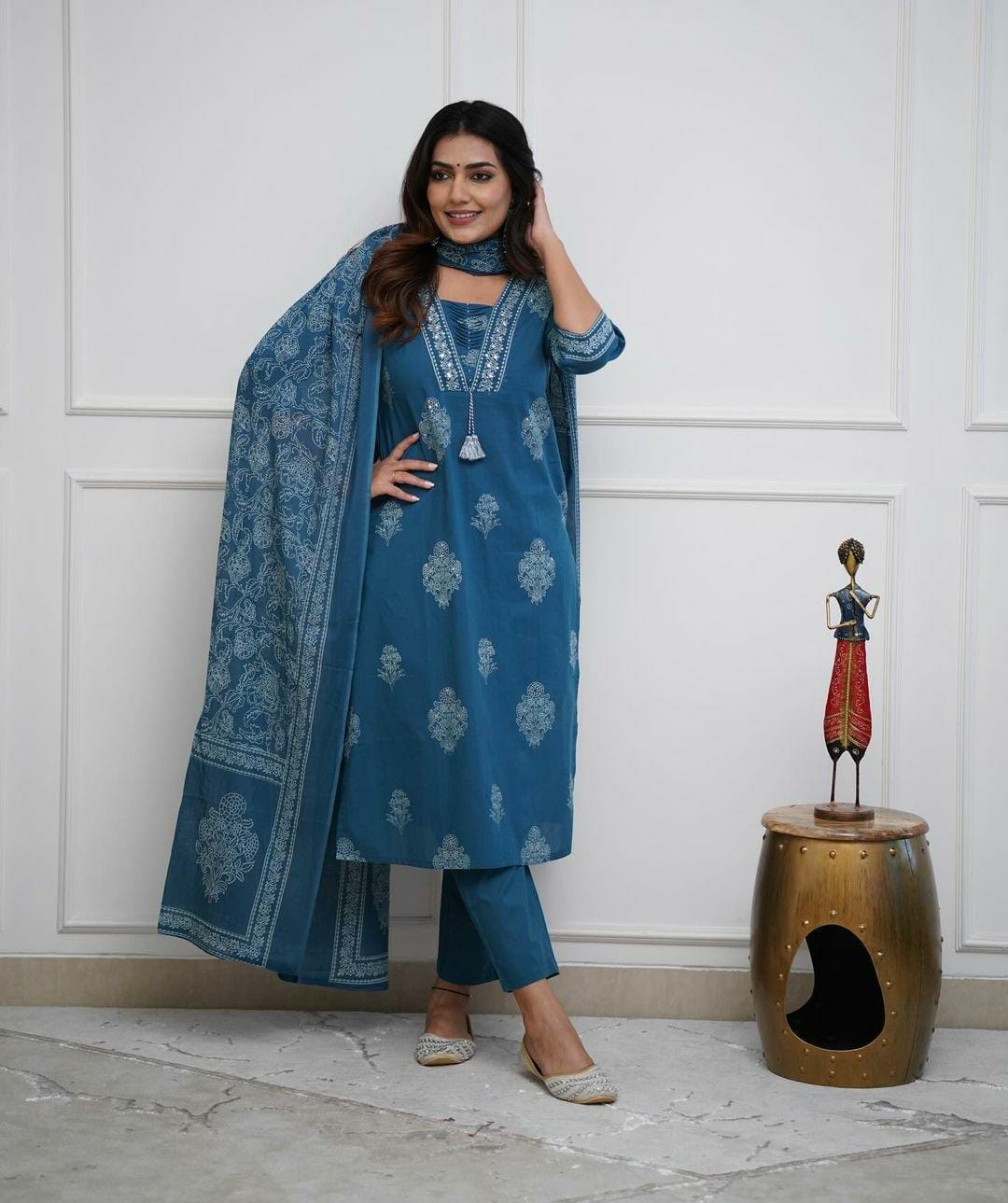 Teal Blue Handwork Cotton Kurta Pant Dupatta Set