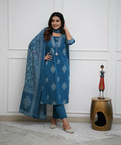 Teal Blue Handwork Cotton Kurta Pant Dupatta Set