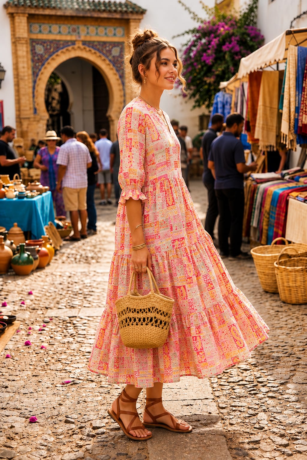 Peach Printed Cotton Tiered Midi Dress for Women