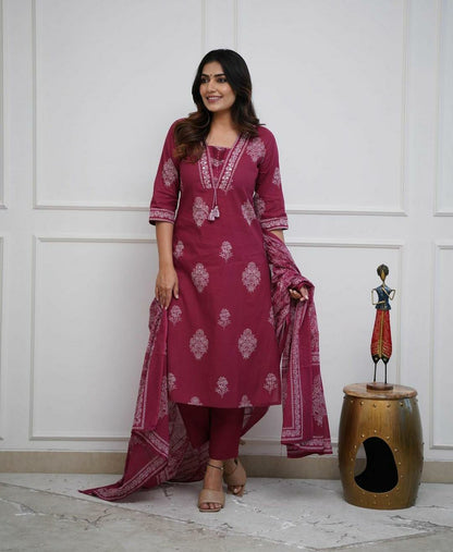 Maroon Handwork Cotton Kurta Pant Dupatta Set