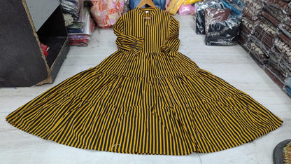 Black Mustard Striped Tiered Cotton Midi Dress