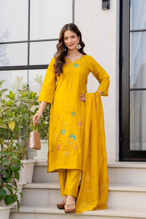 Mustard Embroidered Cotton Kurta Pant Dupatta Set