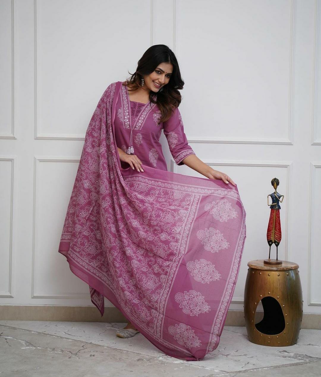 Mauve Handwork Cotton Kurta Pant Dupatta Set