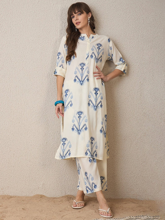 Ivory Blue Printed Cotton Kurta Palazzo Set