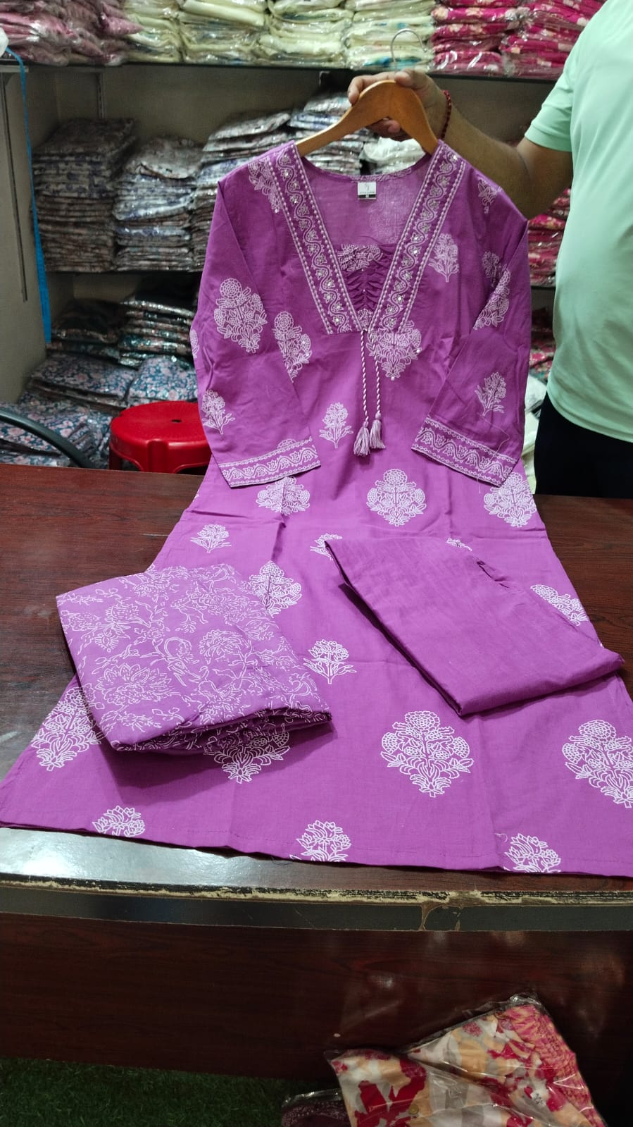 Mauve Handwork Cotton Kurta Pant Dupatta Set