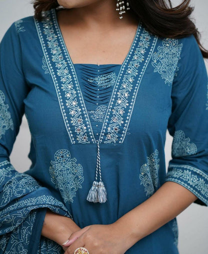 Teal Blue Handwork Cotton Kurta Pant Dupatta Set