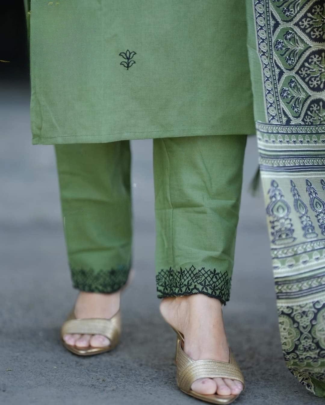 Olive Green Embroidered Cotton Kurta Pant Dupatta Set
