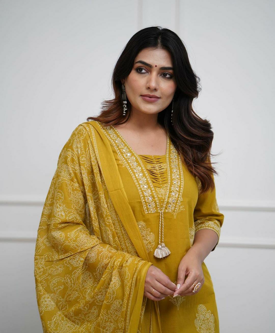 Mustard Handwork Cotton Kurta Pant Dupatta Set