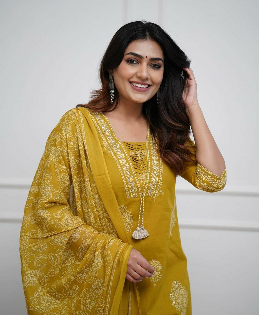 Mustard Handwork Cotton Kurta Pant Dupatta Set