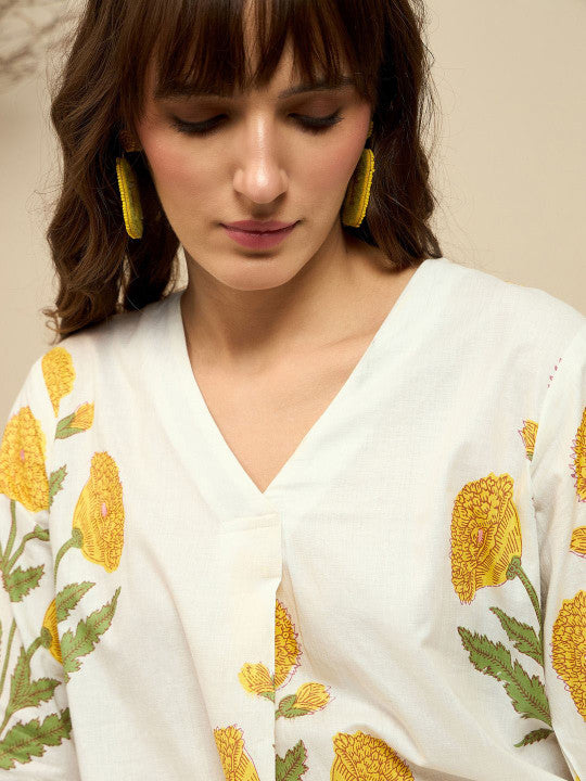 White Yellow Floral Printed Cotton Kurta Pant Set