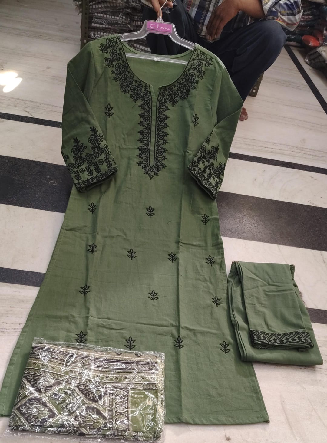 Olive Green Embroidered Cotton Kurta Pant Dupatta Set