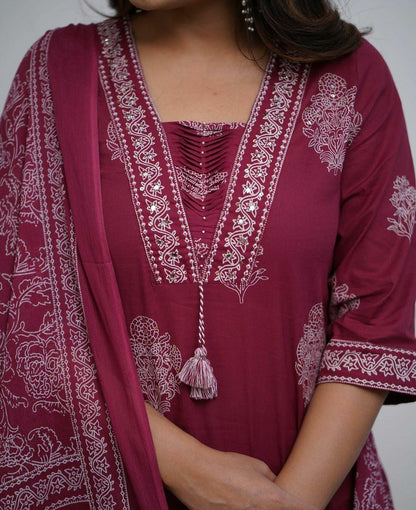 Maroon Handwork Cotton Kurta Pant Dupatta Set
