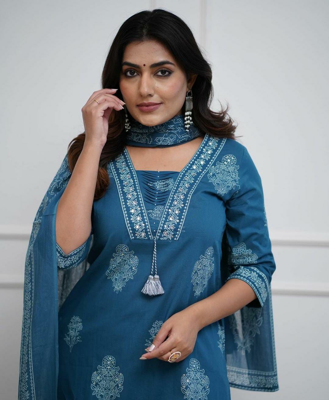 Teal Blue Handwork Cotton Kurta Pant Dupatta Set
